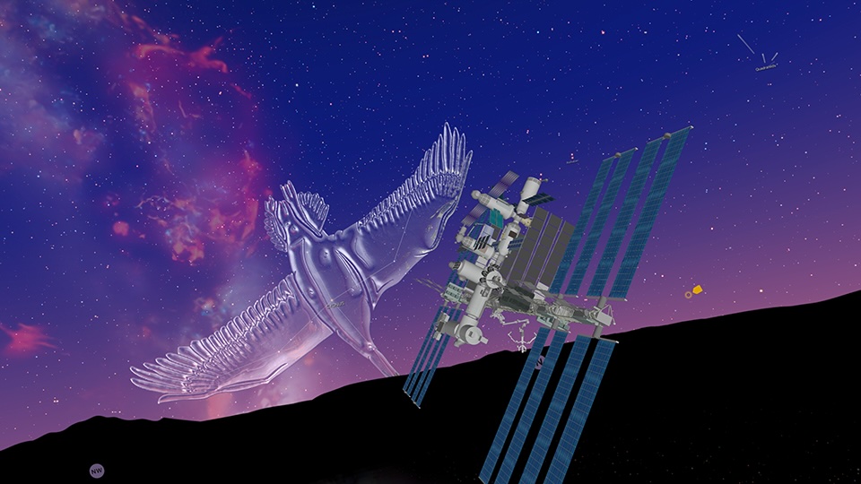 A glass constellation and the International Space Station in Night Sky on Apple Vision Pro